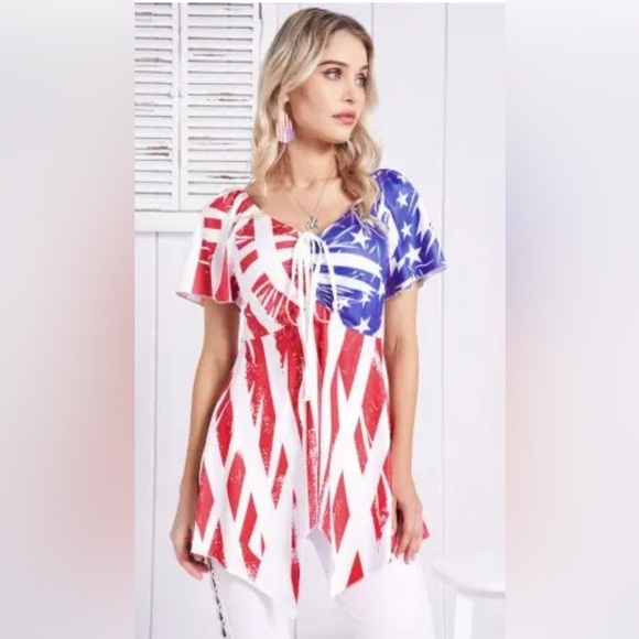 American Women’s Flag Print Cinched Asymmetric T Shirt By Rosegal No tag Size M. - Picture 1 of 13